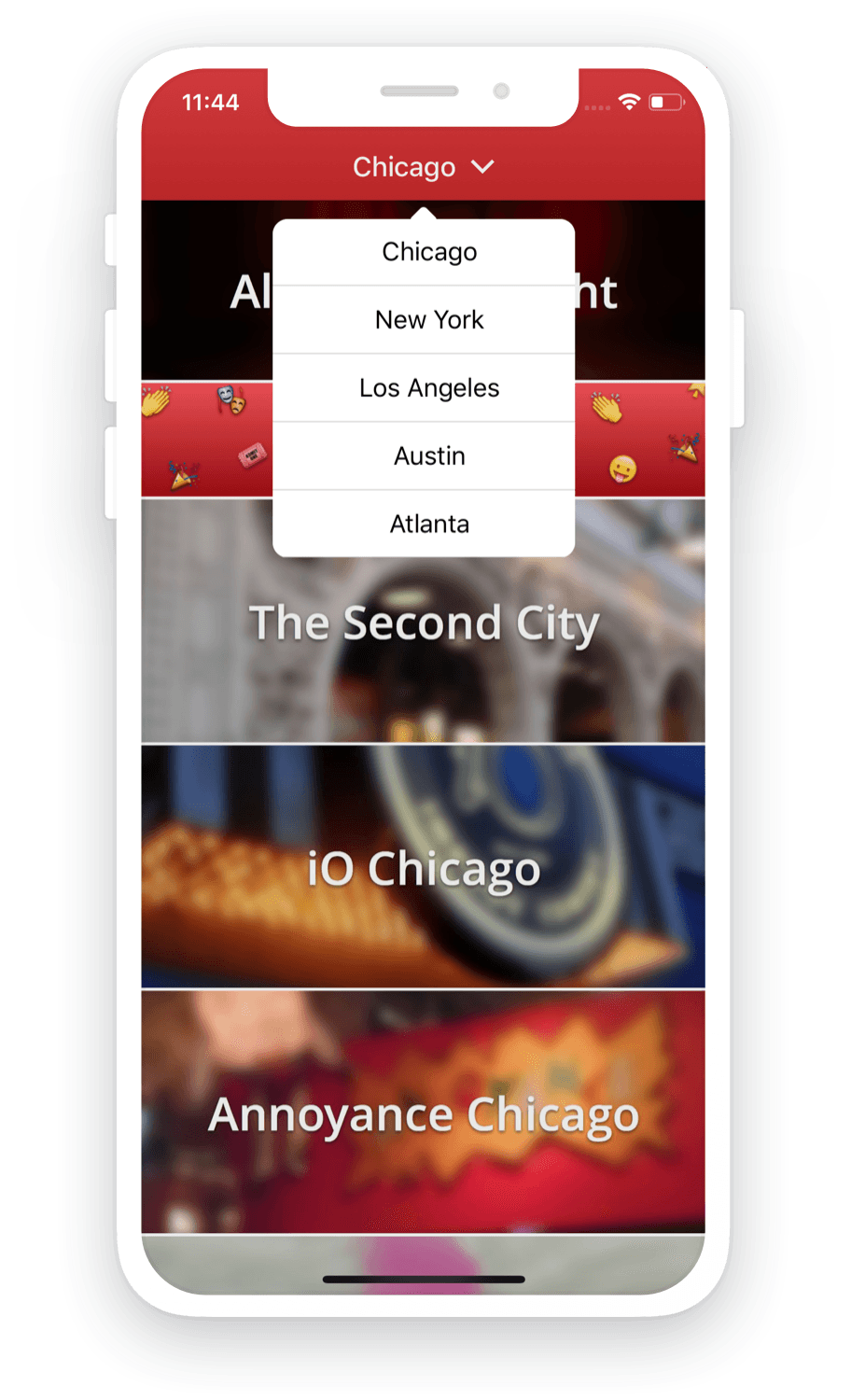 Improv Tonight app - City Select for Chicago, New York, Los Angeles, Austin, and Atlanta