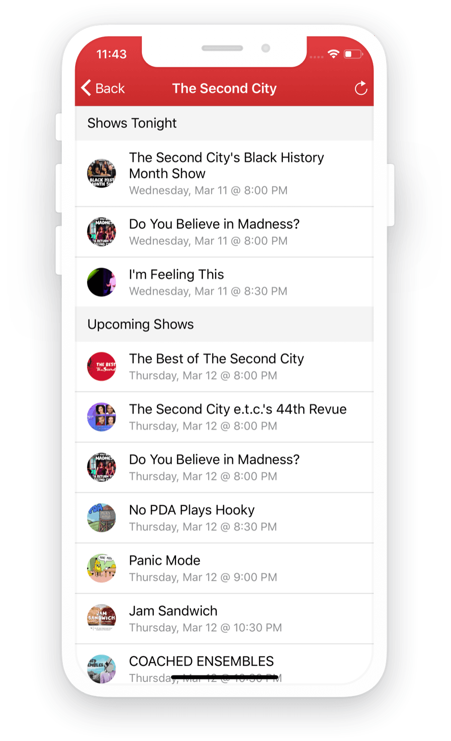 Improv Tonight app - Show List for Second City